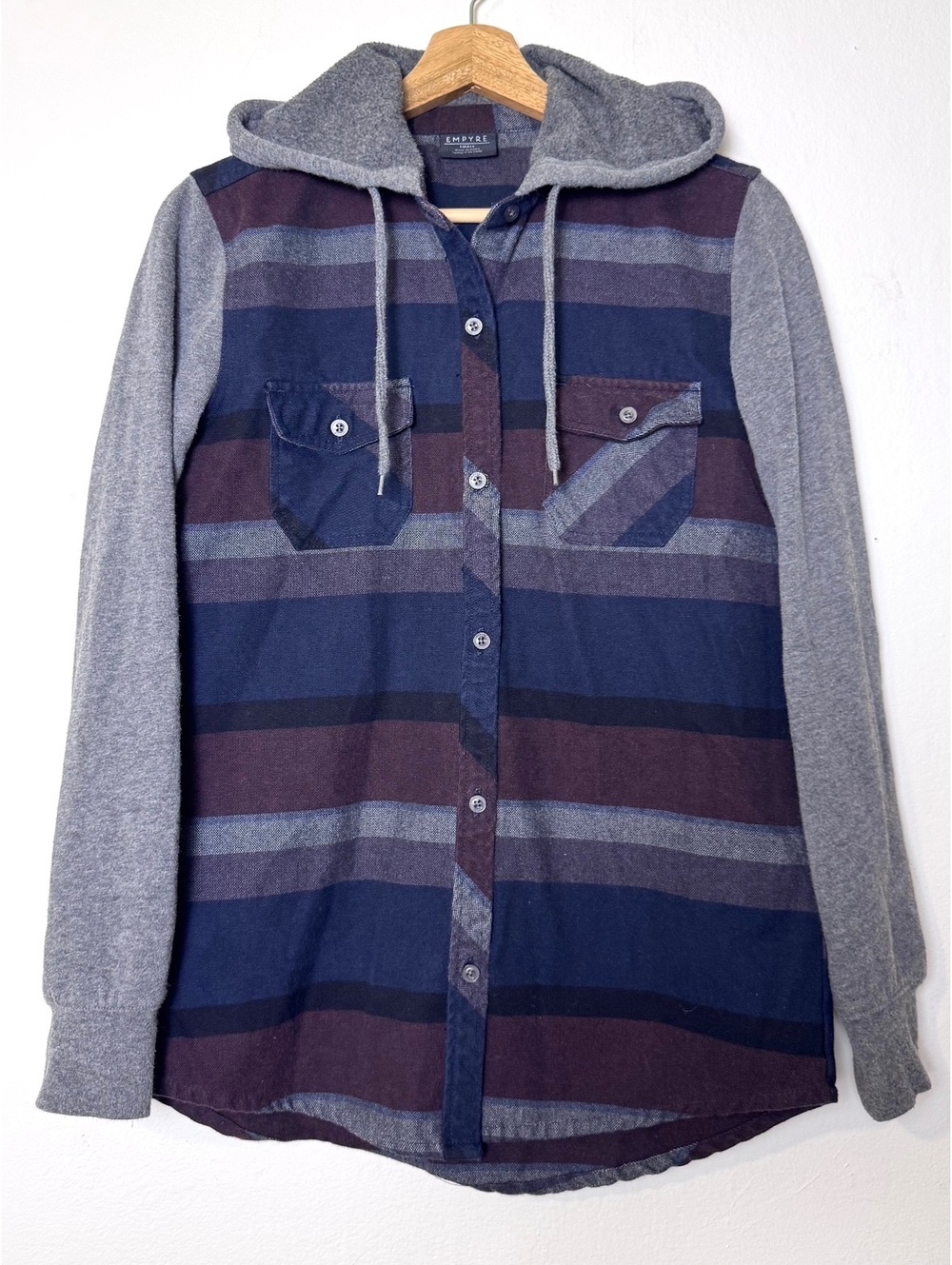 Empyre hooded flannel shirt jacket grey navy burgundy button up size S